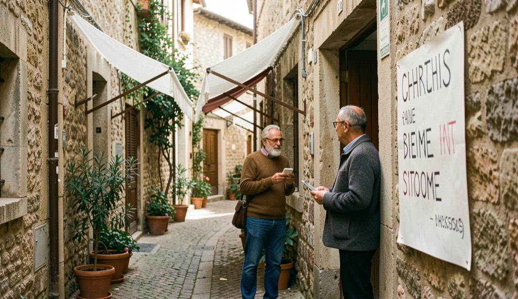 Vinyeta de la peça: Carrer estret del casc antic amb tendals blancs, rètol pintat a mà i dos veïns xerrant a l'ombra d'un portal.