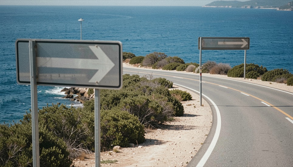 Vinyeta de la peça: Carretera costanera corba sobre mar blau intens, arbustos baixos i un senyal ample de direcció curt sense text llegible.