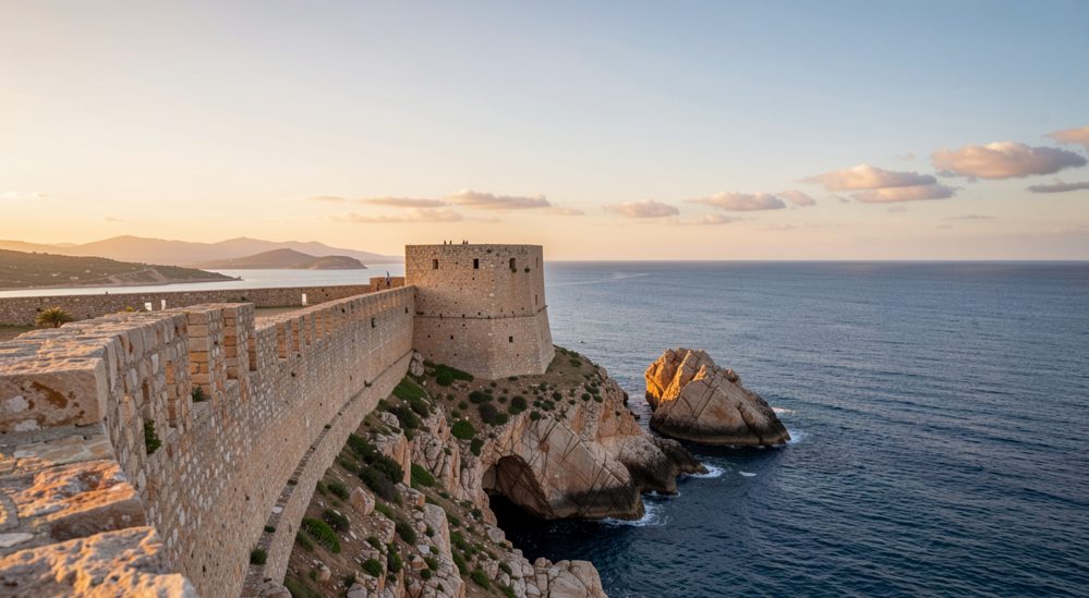 Vinyeta de la peça: Muralles de pedra clara damunt el mar amb passeig de vianants al capdamunt, barana metàl·lica i horitzó obert cap al golf.
