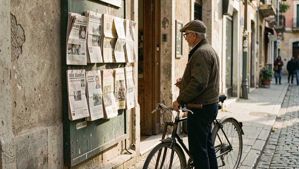 Quiosc clàssic amb periòdics penjats al raspall, llum del matí fluixa i un lector dempeus amb bicicleta apoyada.