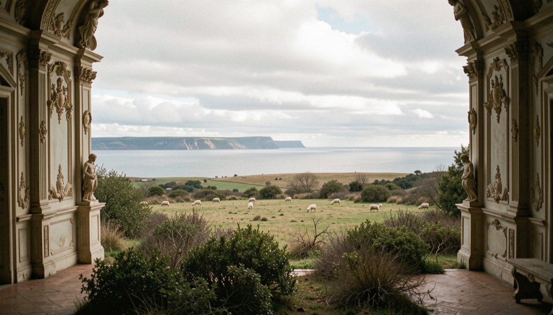 Vista ampla d'interior rocós amb matolls baixos, ovelles allunyades i mar retallat molt al fons sota núvols llargs.