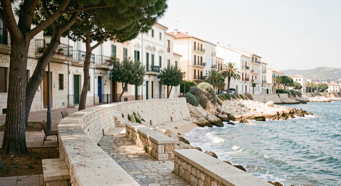 Detall urbà costaner mediterrani pensat per a la secció La Sardenya rodalia, amb ombra amable i pedra clara.